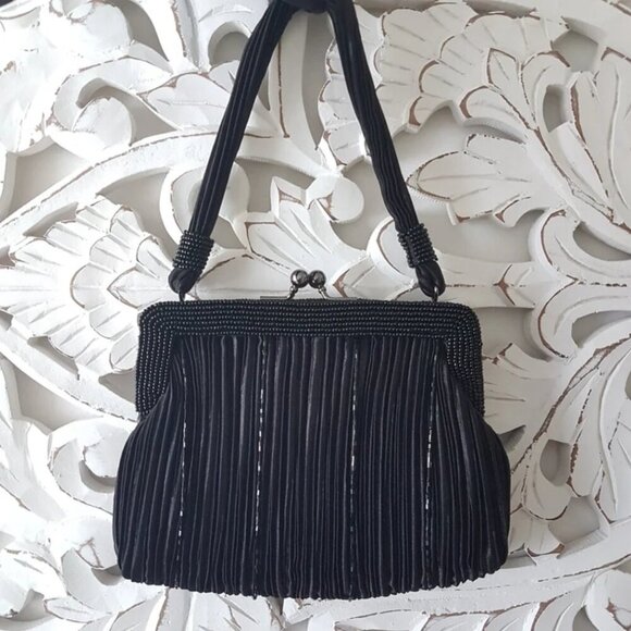 Jessica McClintock Black Beaded Evening Bag with Kiss Lock - Picture 3 of 10